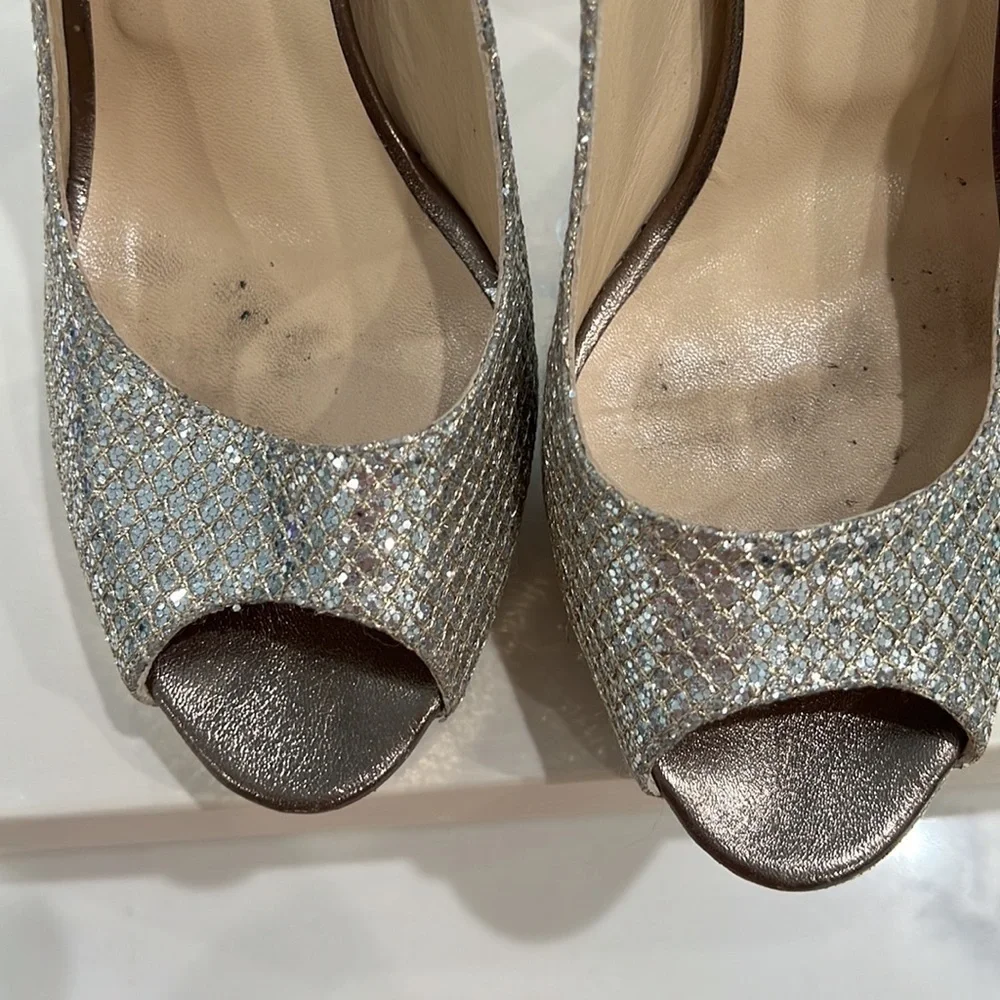 Jimmy CHOO 247 Crown Glitter fabric champagne platform 5in heels size 39.5